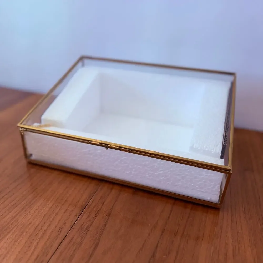 Glass Gold Display Box Lidded Faux Marble Chain Latch Trinket Jewelry 12 x 8